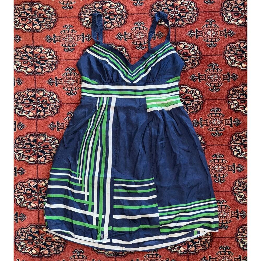 Guess Jeans S Blue~Green Grid/Block Print Silk Short‎ Sundress PRISTINE
